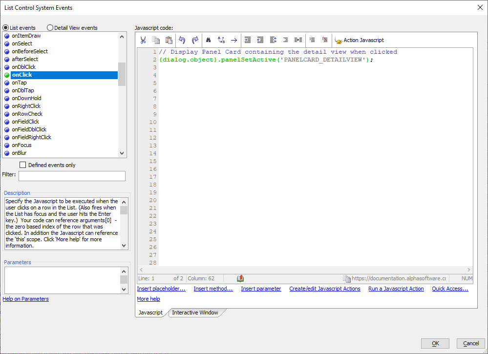 List Control System Events dialog